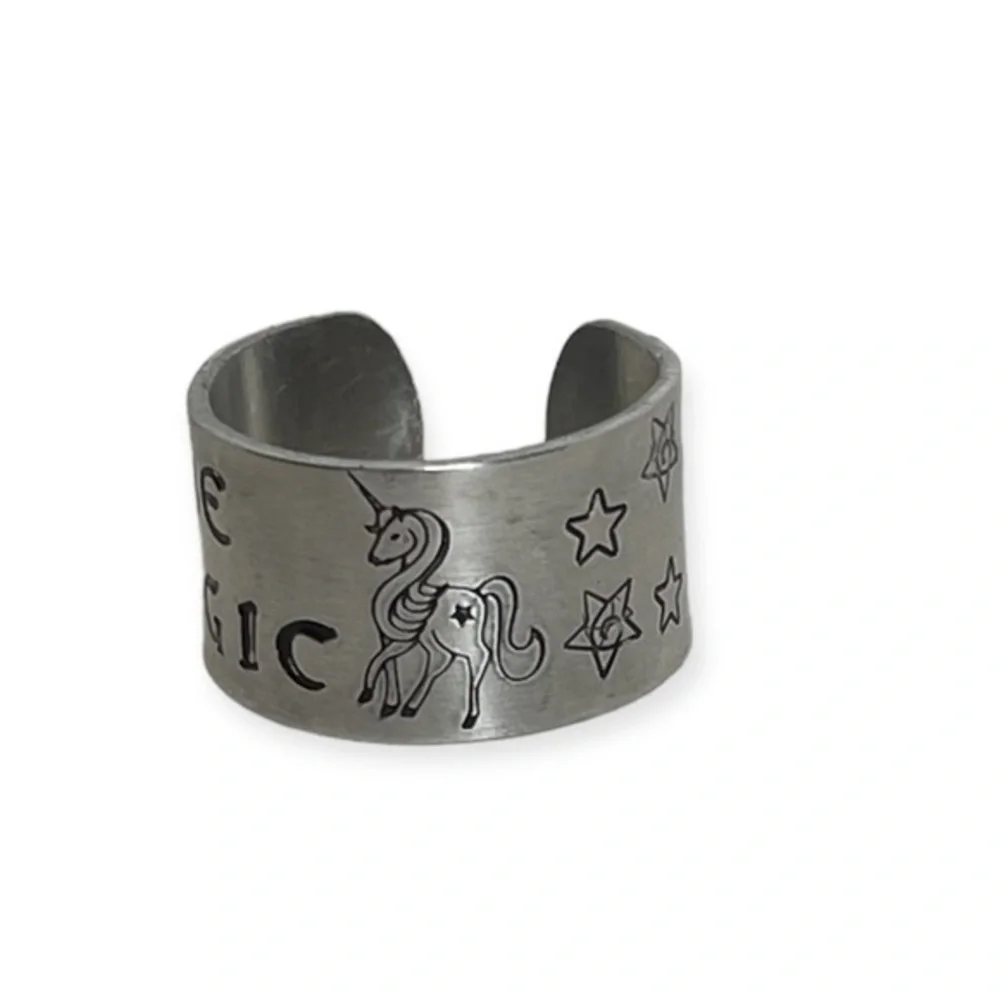 Handmade 8/9 stamped Be Magic unicorn & stars silver adjustable wide cuff ring‎